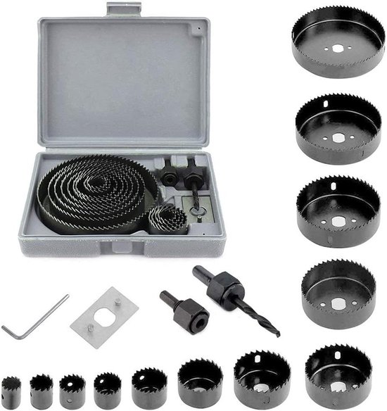 16-Delige Gatenzaag Set, Cirkelzaagbladen 19-127 mm met Verstevigingsplaat en Inbussleutel, Opbergbox van Kunststof
