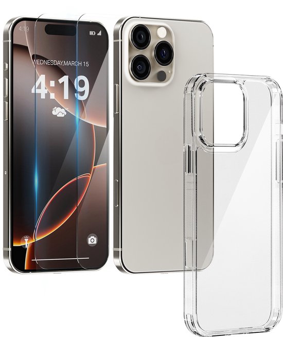 iPhone argenté avec caméras, une coque transparente et deux protecteurs d'écran à côté.