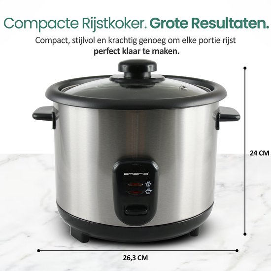 RVS rijstkoker met glazen deksel en zwarte handvatten, met afmetingen 24 cm hoog en 26,3 cm breed.
