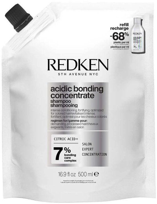 Recharge de shampoing Redken Acidic Bonding Concentrate. Contient 500ml et 68% de plastique en moins.