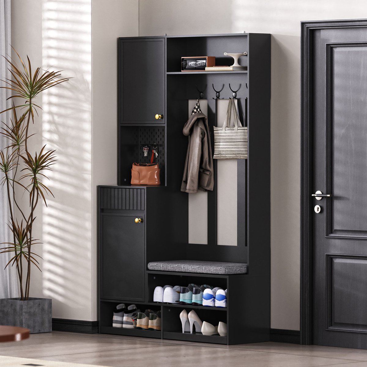 Gutent Garderobekast - Complete garderobekast - met bank - 4 haken - Deuren en laden - Zwart - Afmetingen: 100 x 180 x 35 cm (B x H x D)