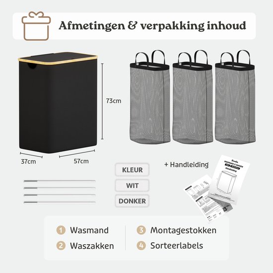 Afmetingen en inhoud van de Avela wasmand: 73x57x37cm, 3 waszakken, sorteerlabels en handleiding.