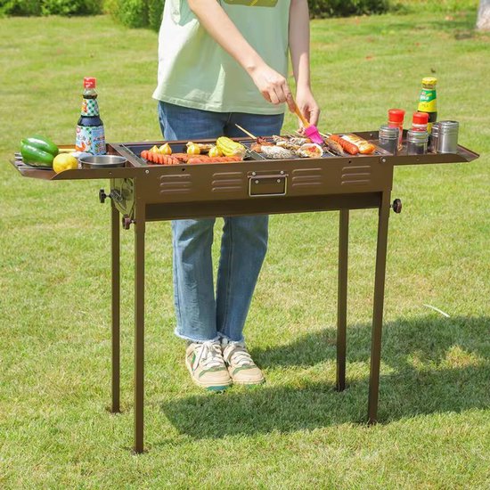 Draagbare Houtskool Barbecue met Trolley - Rookarme RVS BBQ Grill voor Buiten, Camping & Tuin - 66,5x30x68 cm — afbeelding 2