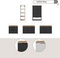 Verschillende configuraties van VICCO Wido dressoirs in antraciet en houtdecor.