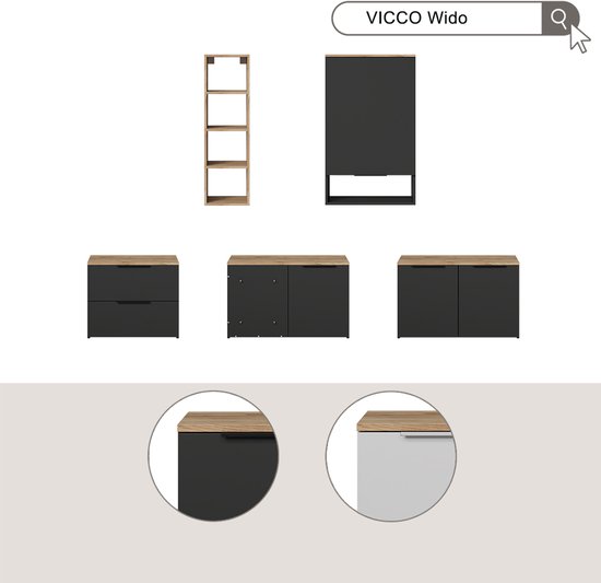 Verschillende configuraties van VICCO Wido dressoirs in antraciet en houtdecor.
