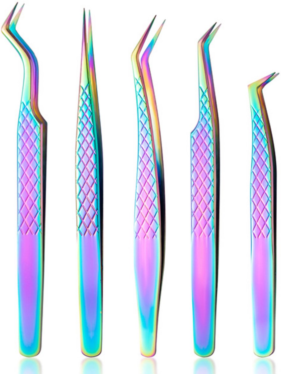 YUBBI Wimperextension Pincet Set - Isolatie pincet - Volume - Precisie Pincet - Epileer - 5 Stuks - Rainbow