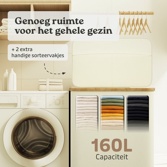 Crèmekleurige wasmand van 160L met 3 vakken, naast een wasmachine, met ruimte voor het hele gezin.
