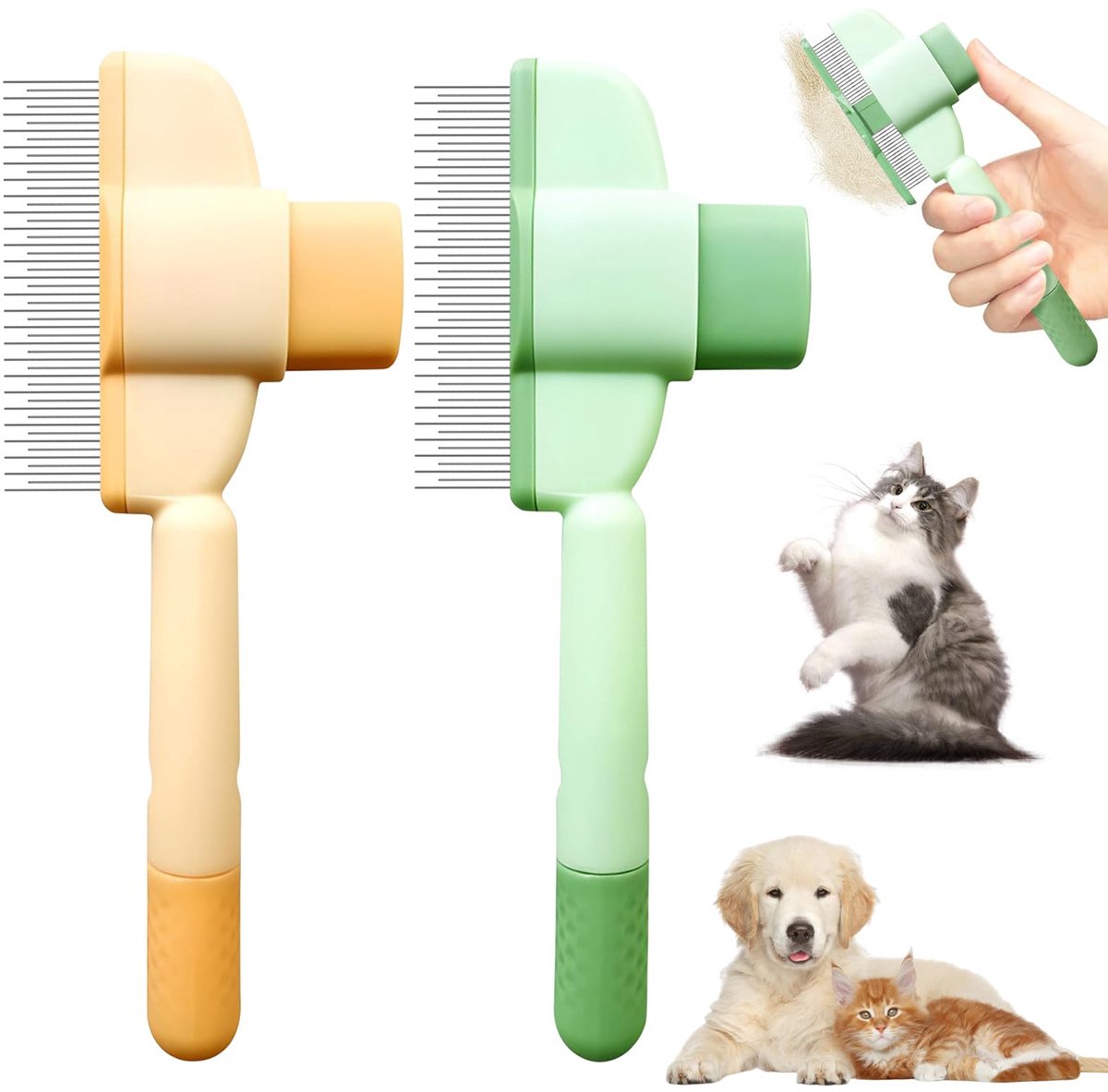 Ibenzoa® Zelfreinigende huisdierborstel met ontspanningsknop voor katten en honden, dubbele vachtverzorging