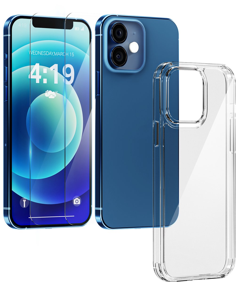 Hoes geschikt voor iPhone 12 transparant shock proof hoes - 2x screenprotector