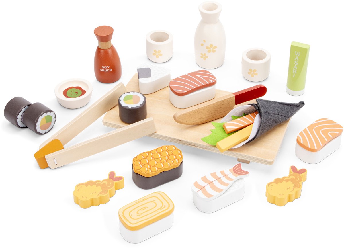 Woet® Houten Sushi Speelset - 30-delig Japans Rollenspel Speelgoed - Inclusief Stokjes, Sojasaus en Serveerplank - FSC Speelgoedeten - Educatief Keukenspeelgoed - Vanaf 3 Jaar — afbeelding 5