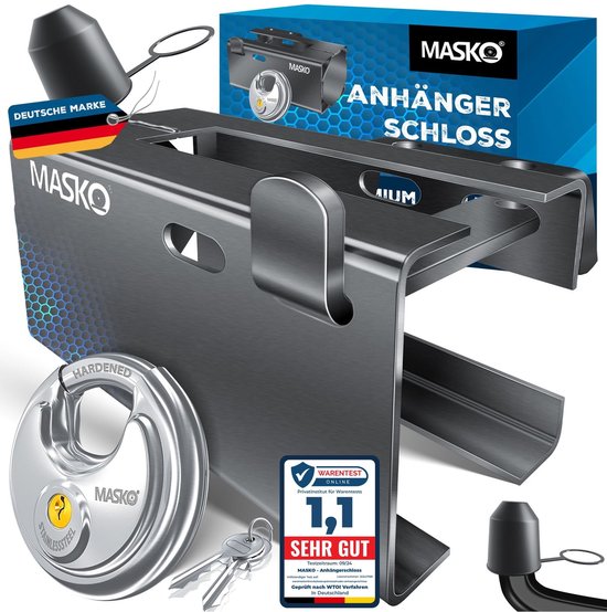 MASKO® Aanhangwagenslot voor aangekoppelde en afgekoppelde aanhangwagens | Aanhangwagenslot Antidiefstal Caravanboxslot inclusief schijfremslot, sleutel en beschermkap Beschikbaarheid: Op voorraad