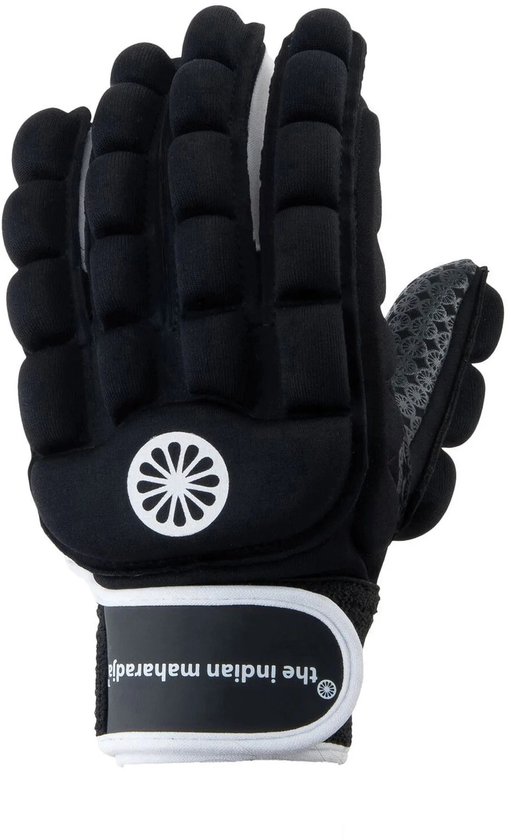 Zwarte "foam full finger" handschoen, handzijde met logo, witte band.