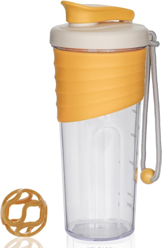 Foto: Shaker fitness shakebeker met shakebal 700 ml voor eiwitpoeders premium eiwitshakebekers voor superromige fitnessshakes geel