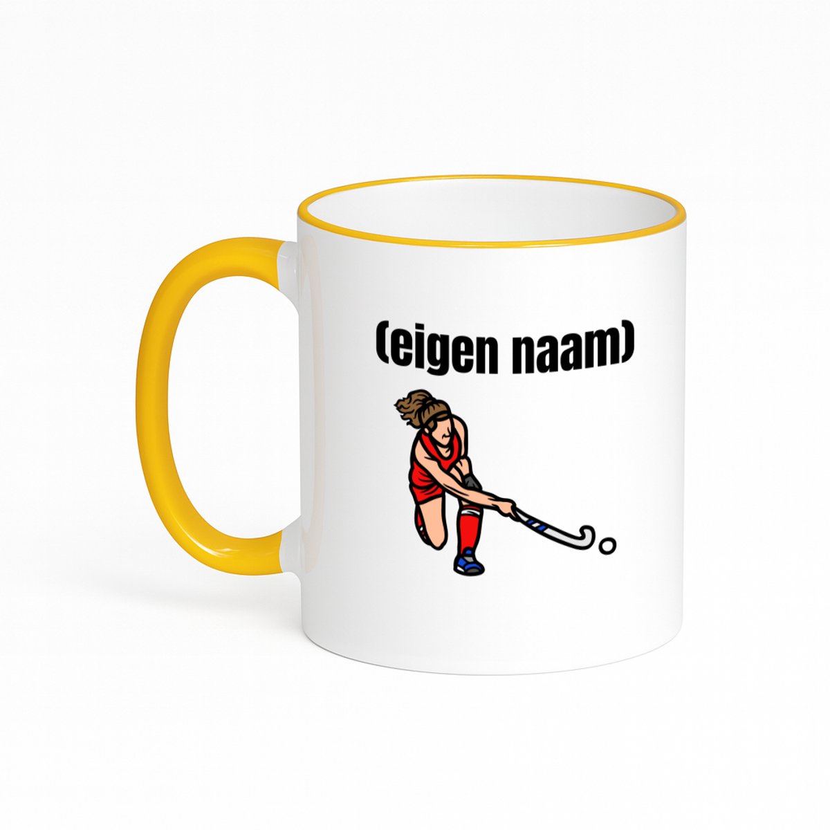 Hacebo® - hockey vrouw met eigen naam koffiebeker met gekleurde rand goudgeel - Hockey - atleten - thee mok - koffie beker - iemand die houdt van hockey - verjaardag - cadeau - kado - koffiemok - 330 ML