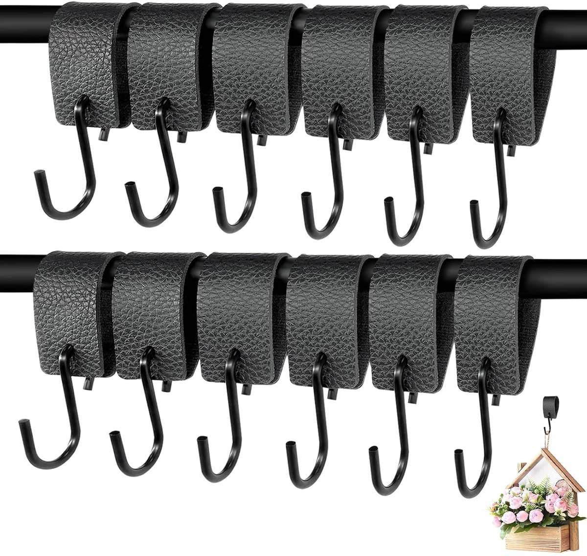 Zwarte S-haken met Leren Lus - Set van 12 - Duurzaam en Elegant