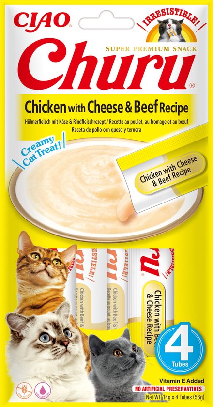 INABA Churu kattensnack met kip-, kaas- en rundvleessmaak 4x14g - 1ST