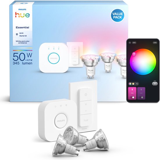 Philips Hue Essential starterkit – 1 bridge – 3 GU10-spots – dimmer