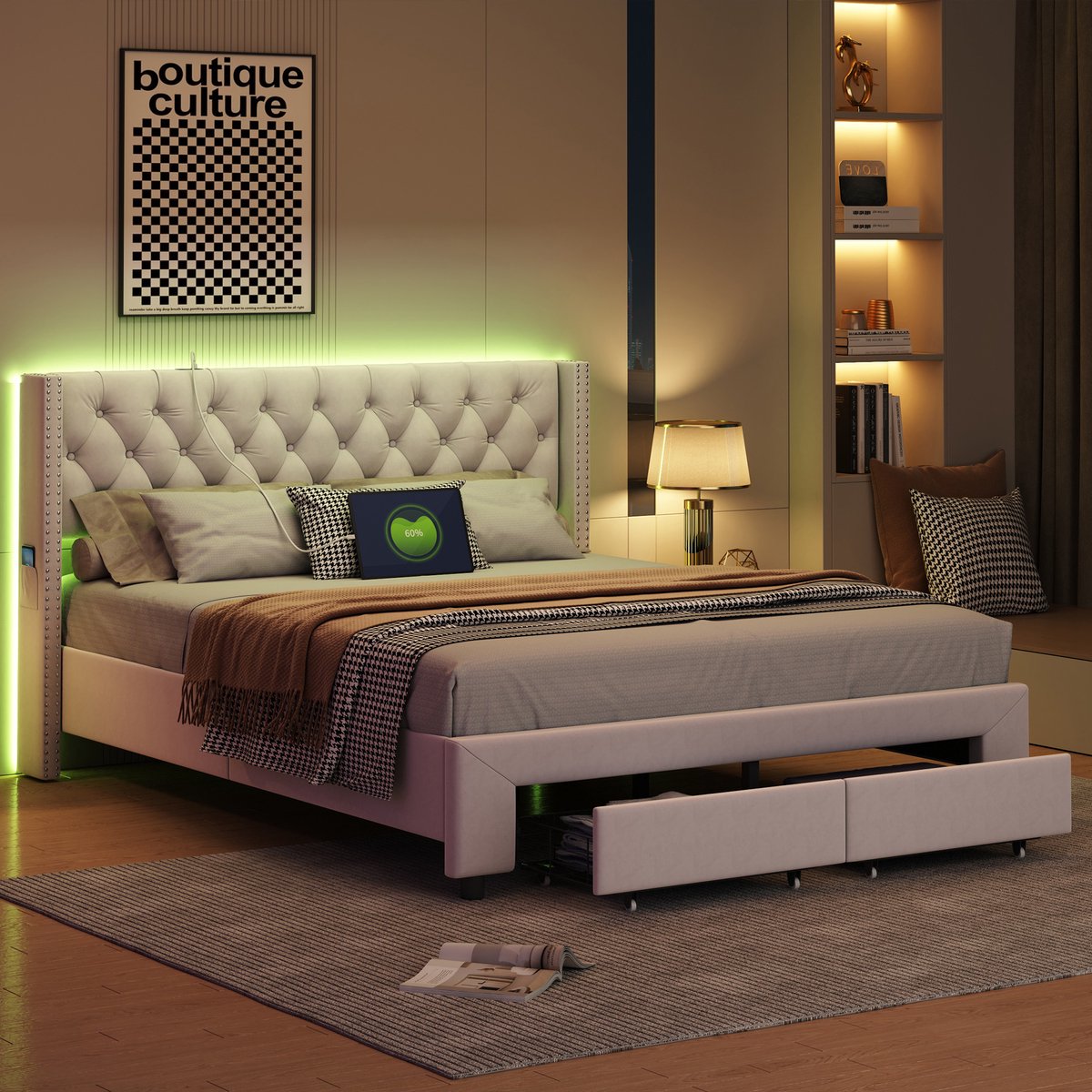 Tweepersoonsbed 180x200cm met lade en opbergruimte, bed met lattenbodem, LED/USB, jeugdbed van fluweel, beige