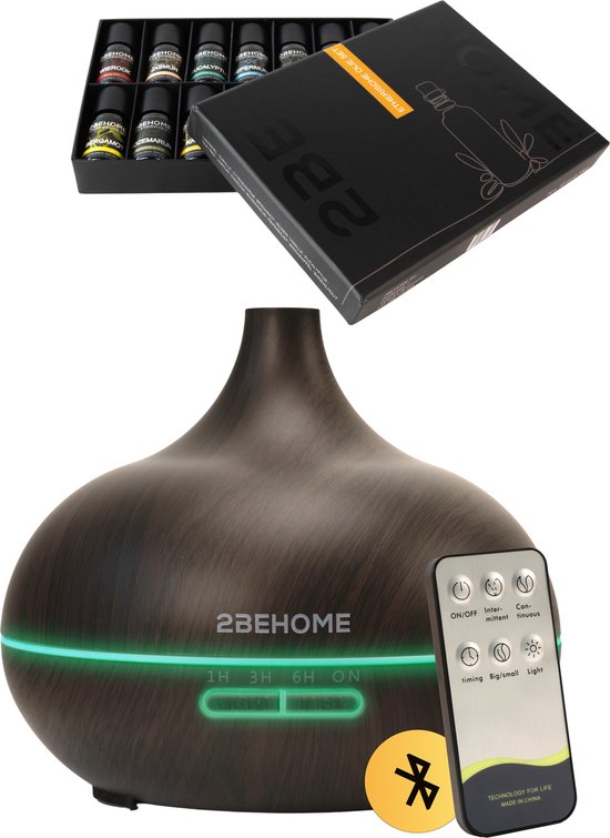2BEHOME® Aroma Diffuser 550ML met Afstandsbediening - Incl. 16 Etherische Oliën Cadeauset - Donkere houtlook - 7 LED Kleuren - Aromadiffuser Luchtbevochtiger - Geurverspreider - Cadeau voor vrouw en man
