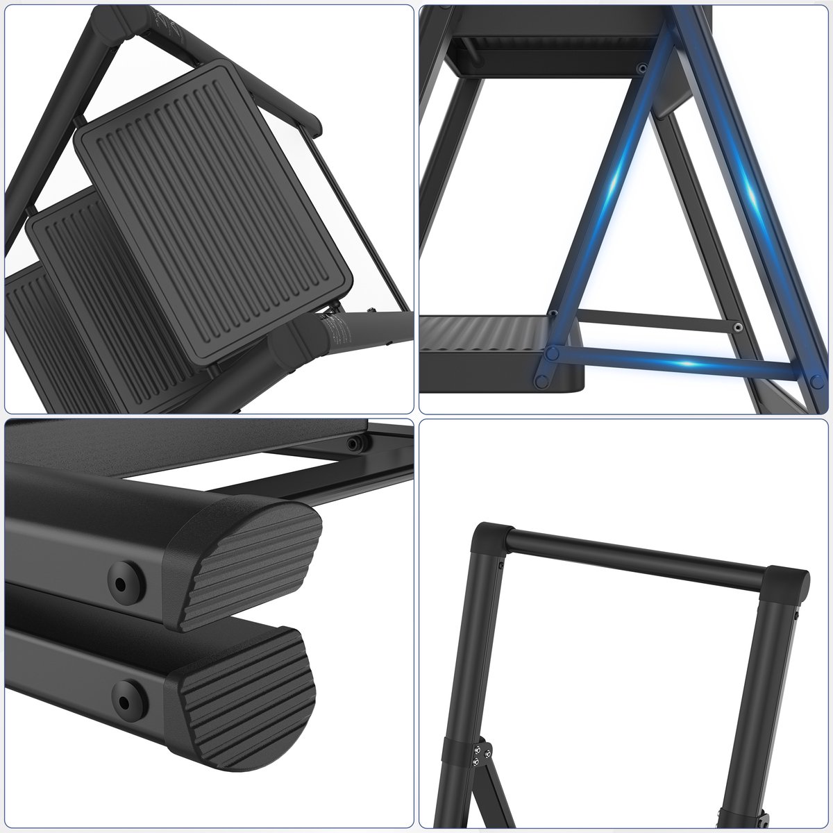 Opvouwbare trapladder, trapkruk, opvouwbare trap met brede antislip pedaal, multifunctionele huishoudtrap, trap tot 150 kg, zwart voor thuis, keuken, kantoor, buiten - 3 treden – foto 2