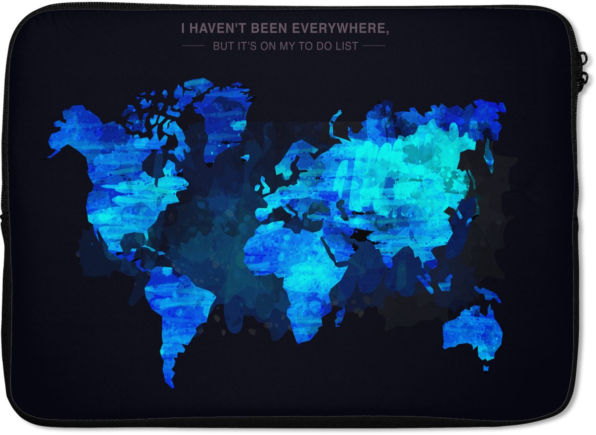 Laptophoes 14 inch - Wereldkaart - Verf - Zonsondergang - Laptop sleeve - Binnenmaat 33x23 cm - Zwarte achterkant