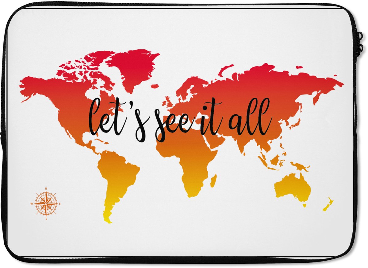 Laptophoes 14 inch - Wereldkaart - Zonsondergang - Kompas - Laptop sleeve - Binnenmaat 33x23 cm - Zwarte achterkant