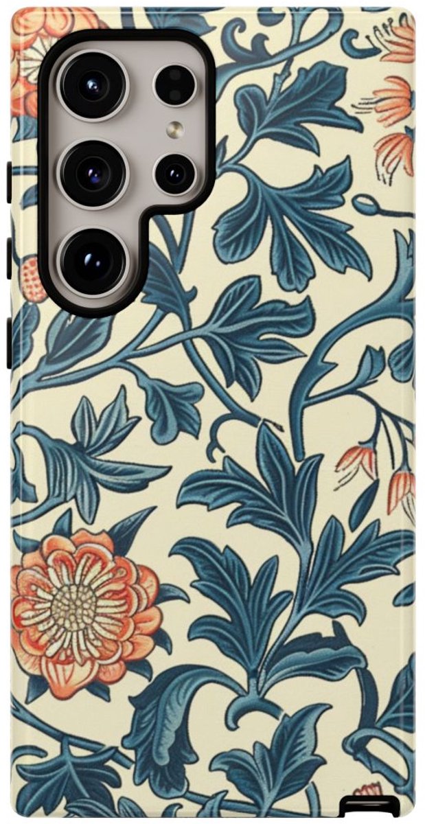 Blauw-Oranje Bloemenpatroon – Telefoonhoesje Geschikt voor Samsung Galaxy S24 Ultra