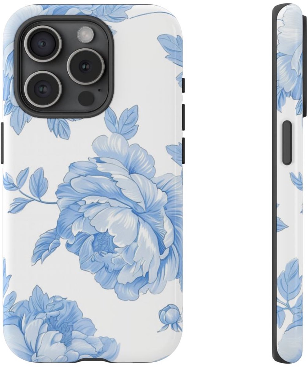Lichtblauw Pioenrozenmotief – Telefoonhoesje Geschikt voor iPhone 15 Pro
