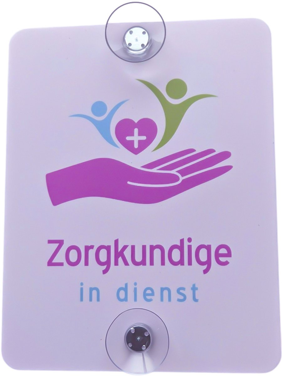 Autobord | "Zorgkundige in dienst" | 14 x 18 cm | + 2 zuignappen | Tijdelijk label autoraam | Autoruit | Verpleegster | Nurse | Dokter | Medische assistentie | Verpleging | Verpleger | 1 stuk
