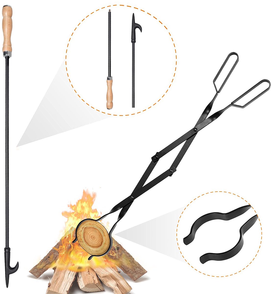 Uten Haardset - 2 Delig - Open haard set Gereedschap - Incl tang 64.3 cm en Pook 81 cm - Voor Binnenhaarden, Buitenhaarden, Houtkachel en Kampvuur - Zwart
