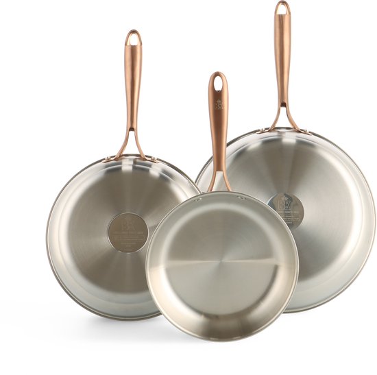 BK Rose Koekenpannenset 3-delig - 20/24/28cm - Zonder PFAS-vrije antikleeflaag - Koekenpan inductie - RVS pannenset - Ovenbestendig tot 200°C - Zilver