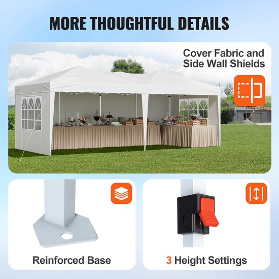 Vouwpaviljoen 5,9 x 2,96 x 2,65 m, Tuintent met Zijwanden en Ramen, 3-Voudig in Hoogte Verstelbaar, Ideale Zonwering voor Buitenevenementen, Wit van Toolport — afbeelding 2