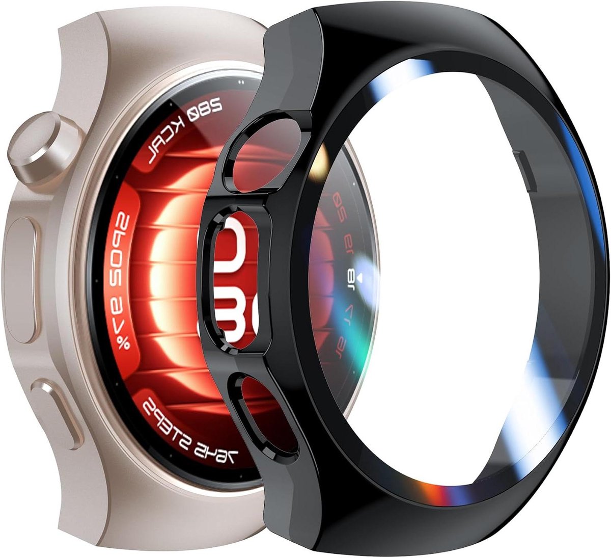 Beschermhoes geschikt voor Huawei Watch 5 42 mm - 2 stuks met displaybeschermfolie - krasbestendig en stofdicht - polycarbonaat - transparant + zwart