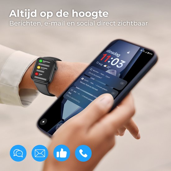 The Life Style Goods - Montre connectée pour femmes/hommes - Moniteur de fréquence cardiaque et podomètre - Android/IOS - Étanche - Zwart