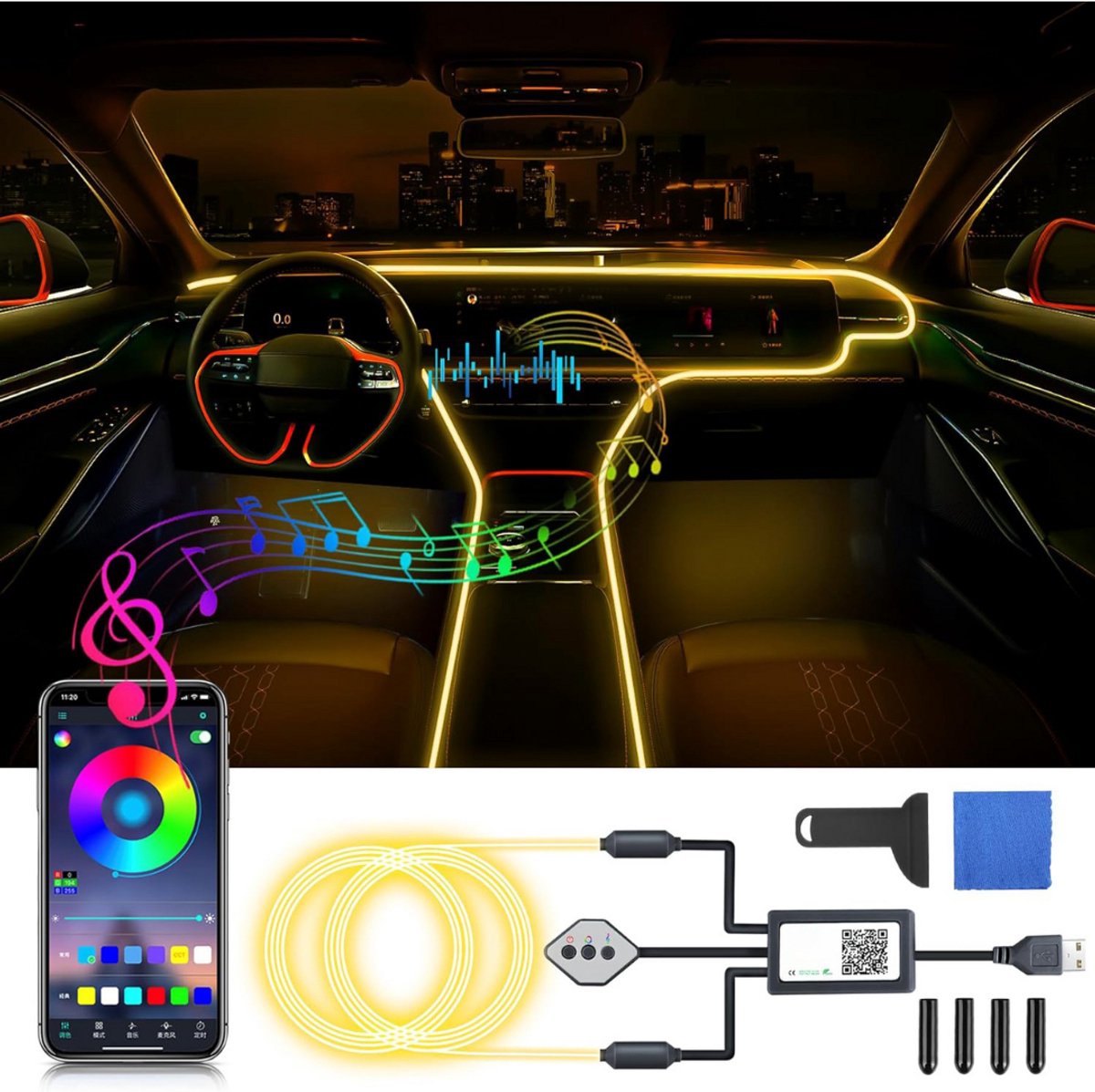 Auto Interieur Verlichting - Led Strip Auto – 6M – Met App - Zwart
