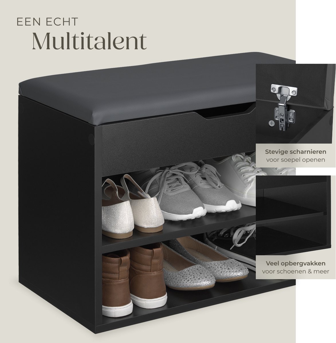 tectake® Multifunctionele Schoenenkast met Bank – Schoenenrek & Zitkussenbank voor de