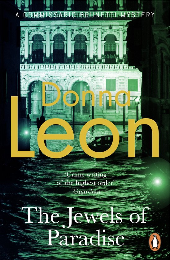Couverture du livre de Donna Leon : The Jewels of Paradise, avec un palais au bord de l'eau à Venise.