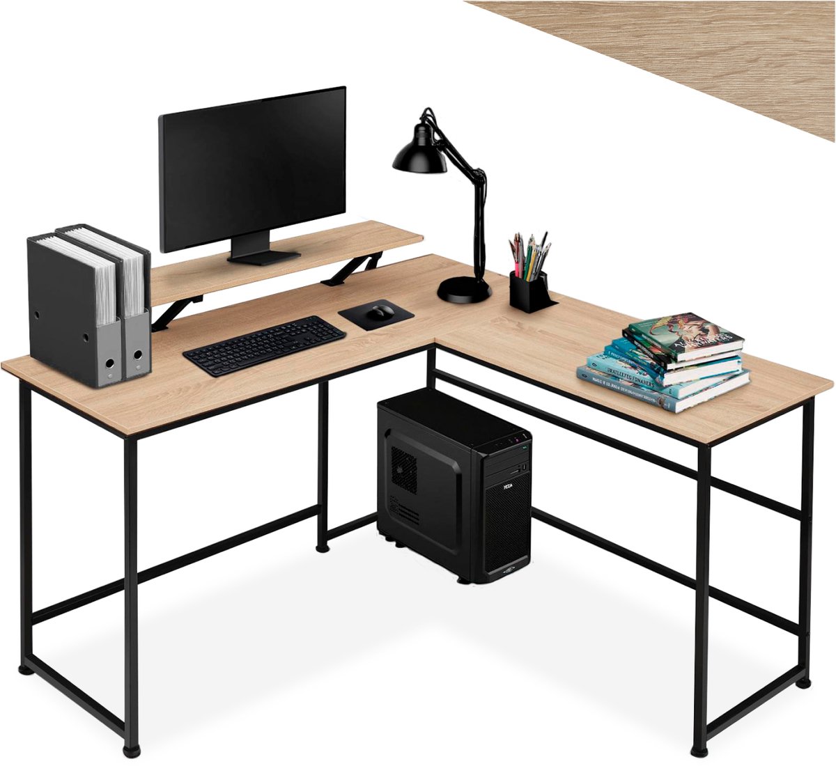tectake® L-vormig bureau - Computerbureau met verplaatsbaar monitor opzetstuk - Bureautafel van hout en metaal - Industrieel design - Zwart metalen frame - Draagkracht bureaublad 150 kg per plank 50 kg - Afmetingen (LxBxH) 140x130x76,5 - Lichtbruin