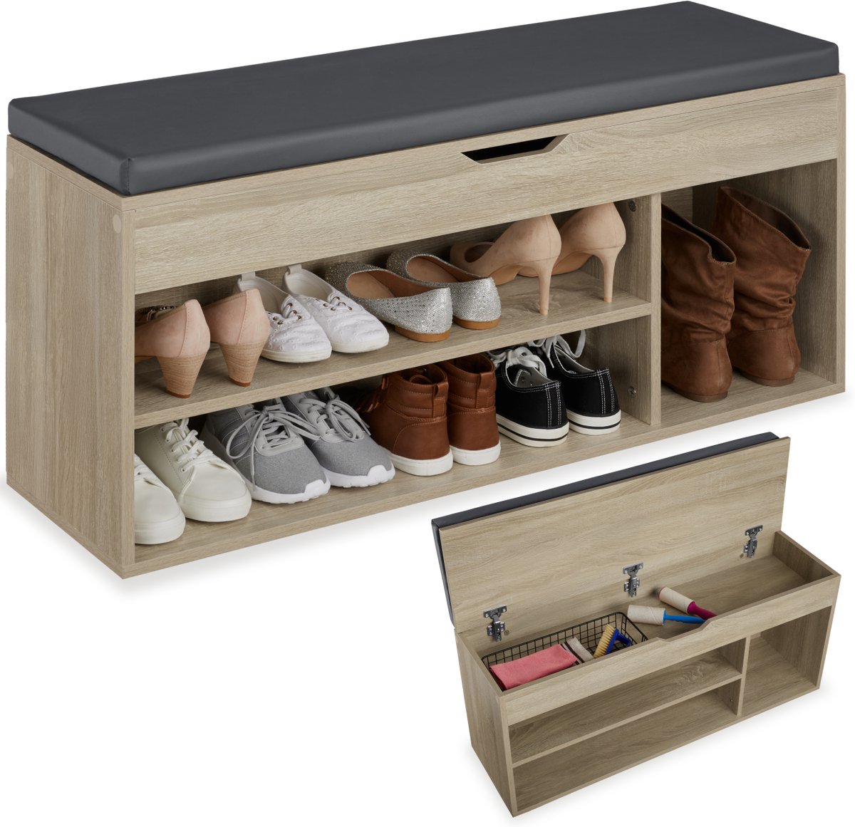 tectake® Schoenenbank met zitje - 3 open vakken en een opklapbaar vak met zitkussen - Schoenenrek met opbergruimte - Hout - Afmeting (LxBxH) 104 x 30 x 49 cm - Lichtbruin