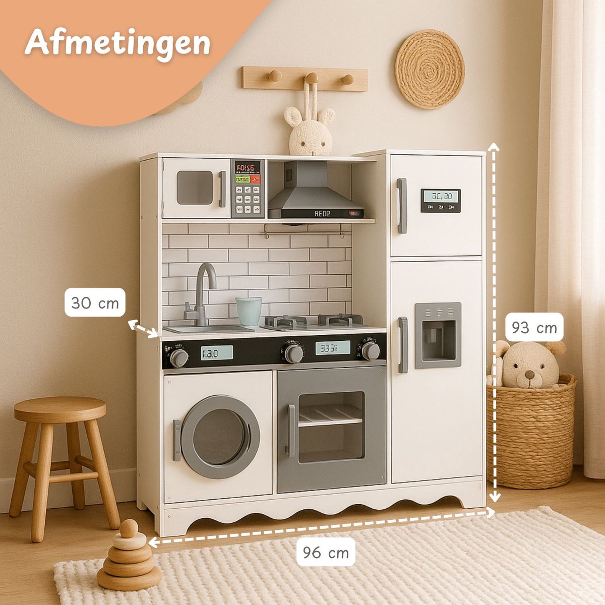 Maxx kidz - Houten Speelgoed Keuken - Complete Speelkeuken - Wit Keukentje met Grijze Afwerking - Stevige Kinderkeuken met Accessoires - Speelgoedkeuken met Geluid — afbeelding 5