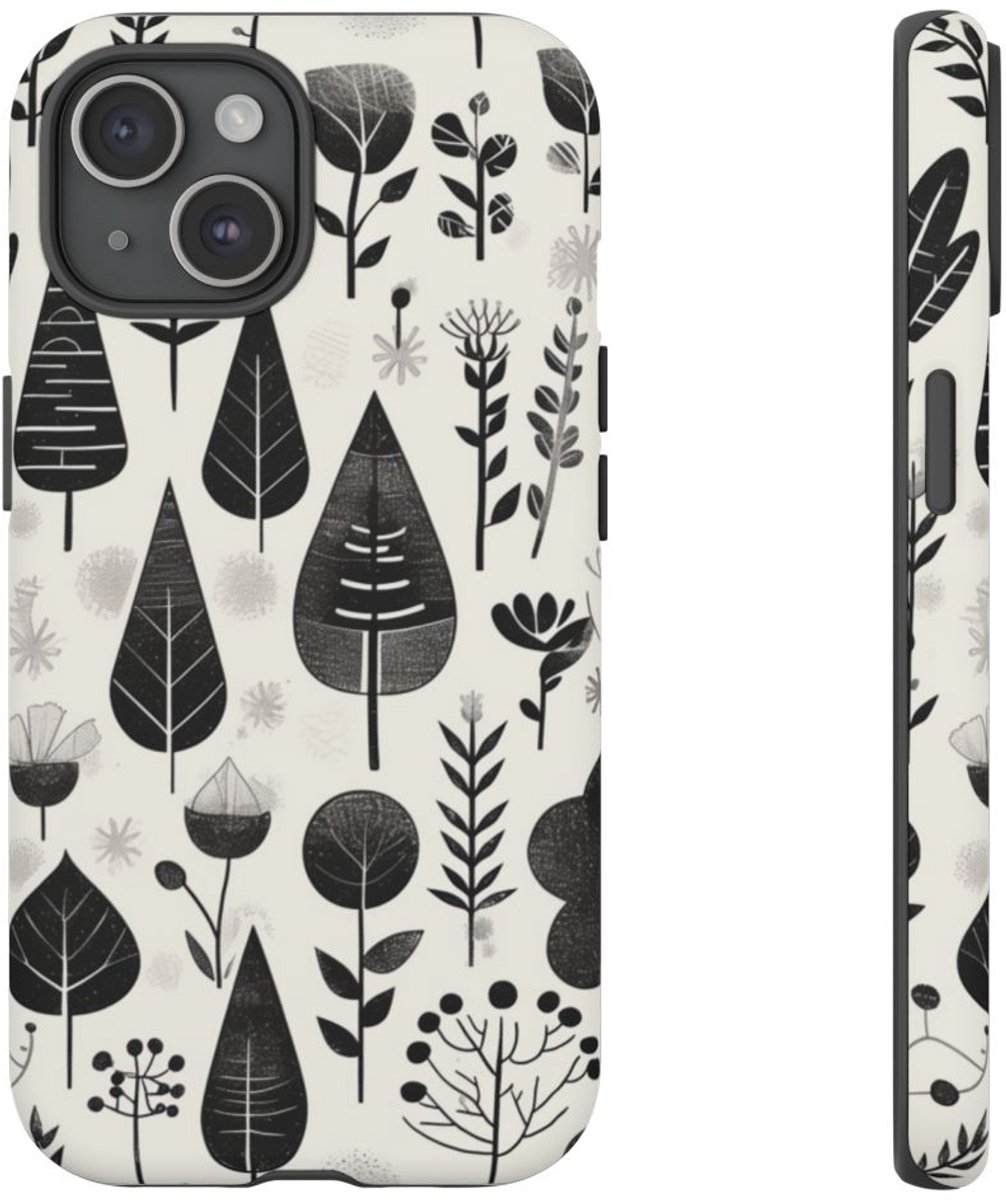 Monochroom Botanisch Patroon – Telefoonhoesje Geschikt voor iPhone 15