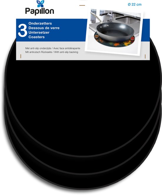 Verpakking met drie ronde, zwarte onderzetters van 22 cm.