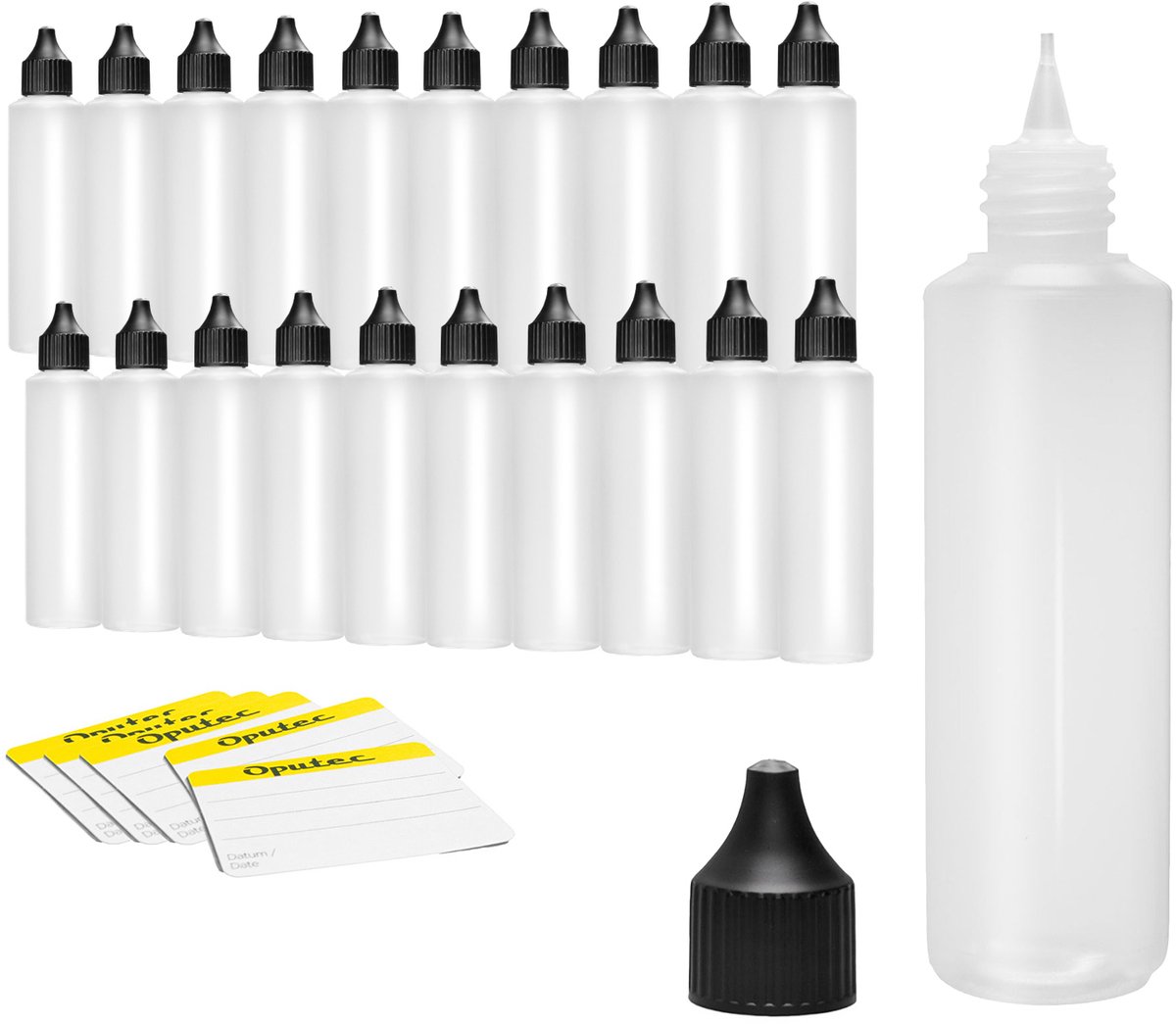 Oputec 20x 250 ml druppelflessen – PE doseerflessen – levensmiddelveilig + etiketten