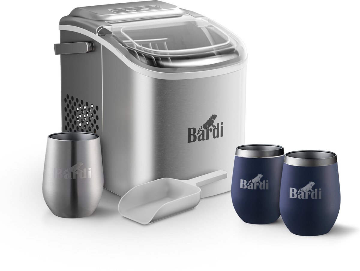 Bardi Deluxe IJsblokjesmachine Set 1,2 Liter RVS - 12KG IJsblokjes in 24 uur - met IJsschep - Inclusief 3 Luxe Thermosbekers en Ijsschep - Blauw