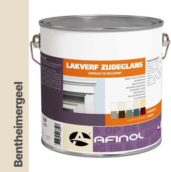Blik Afinol lakverf zijdeglans, kleur Bentheimergeel, 2,5 liter. Opdruk met productinformatie en kleurstalen.