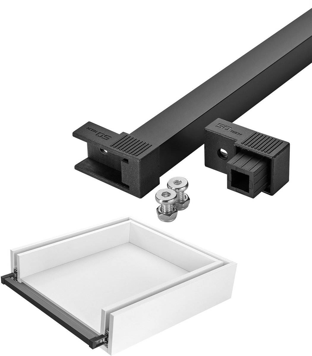 SOTECH VarioSlide Pat. Eénhandssluiting voor laden zonder front 1200 mm breed Zwart geanodiseerd met zwarte adapter voor zware laden VarioSlide KV2-100-H53-Lxxx-EH en KV2-200-H76-Lxxx-EH