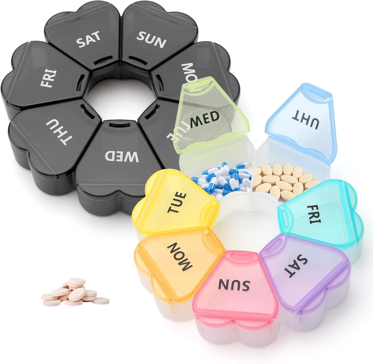 Tablettenbox 7 dagen - 2 stuks - hartvormige pillendoos met 7 grote vakken - pillendoos 7 dagen - tabletten organizer - weekbox - medicijnbox 7 dagen