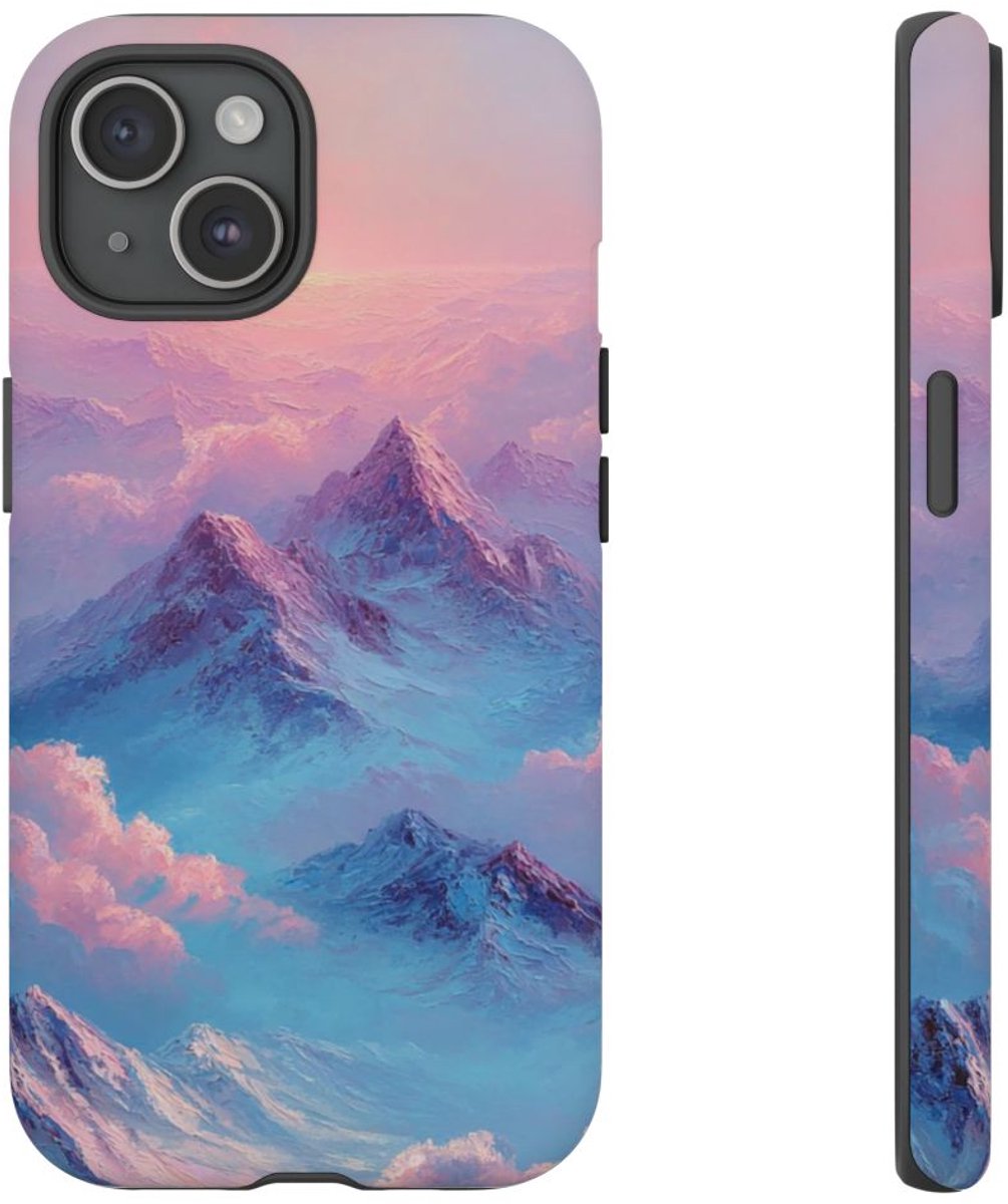 Dromerige Roze en Blauwe Bergen – Telefoonhoesje Geschikt voor iPhone 15