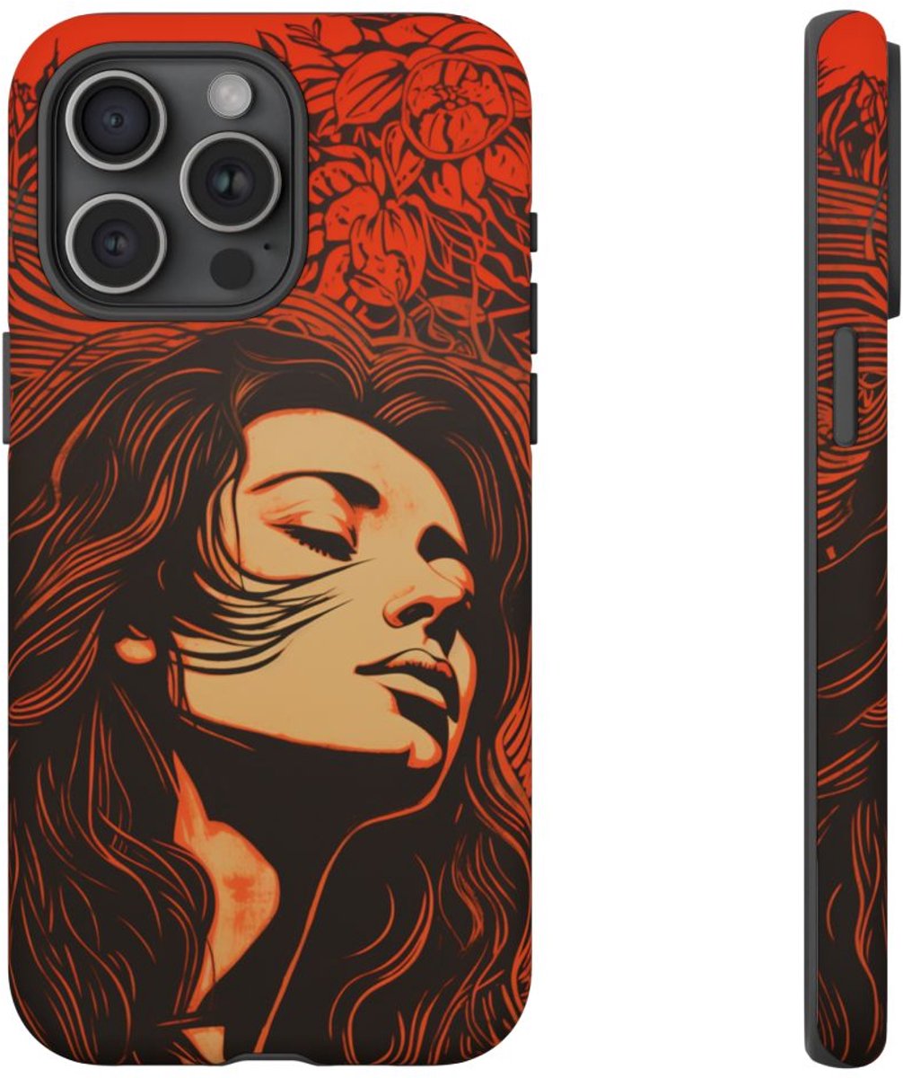 Linosnede Portret van Vrouw met Bloemen – Telefoonhoesje Geschikt voor iPhone 15 Pro Max