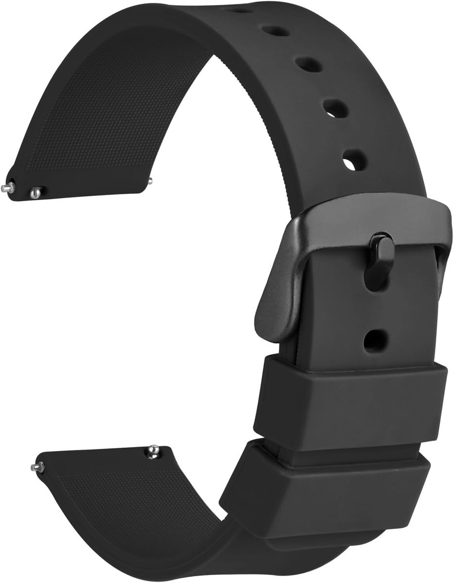 22 mm siliconen horlogeband, snel los te maken rubberen vervangende band met zwarte roestvrijstalen gesp (zwart)